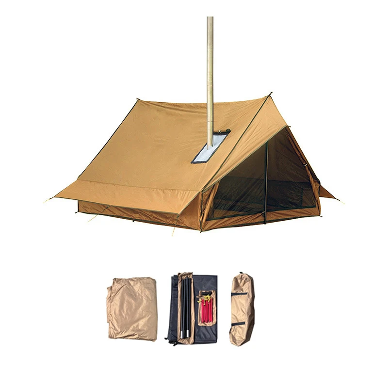 Large Portable Glamping 70D Polyester Waterproof Heating Camping Tent with Stove for Hiking Picnic