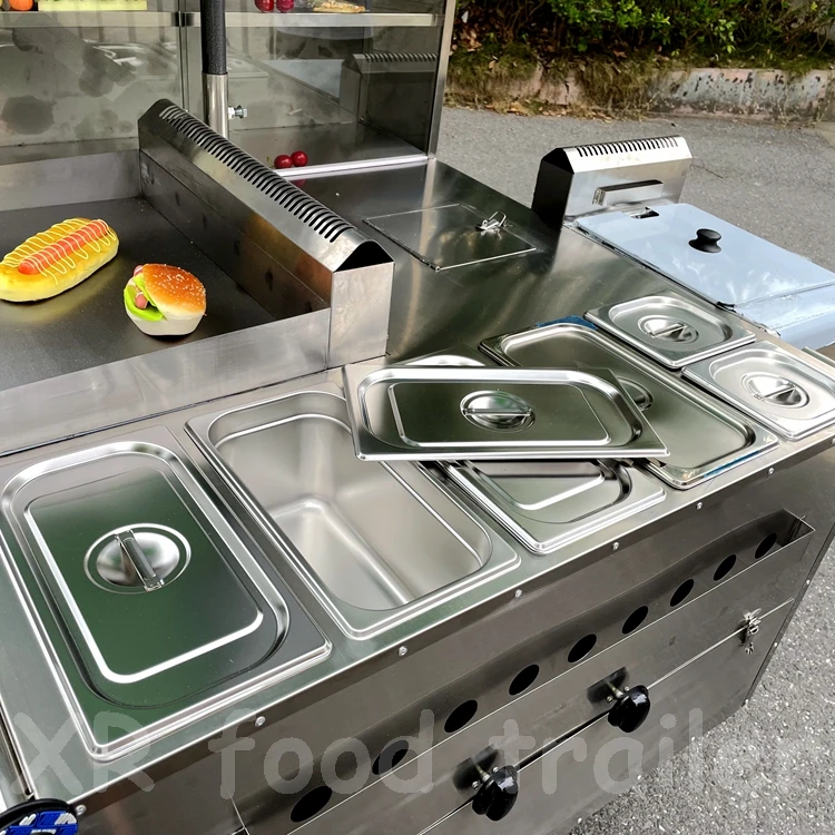 Small Hot Dog Carts with Grill and Refrigerator Australia China Oil Circulation Pump Stainless Steel Portable Car for Fruit