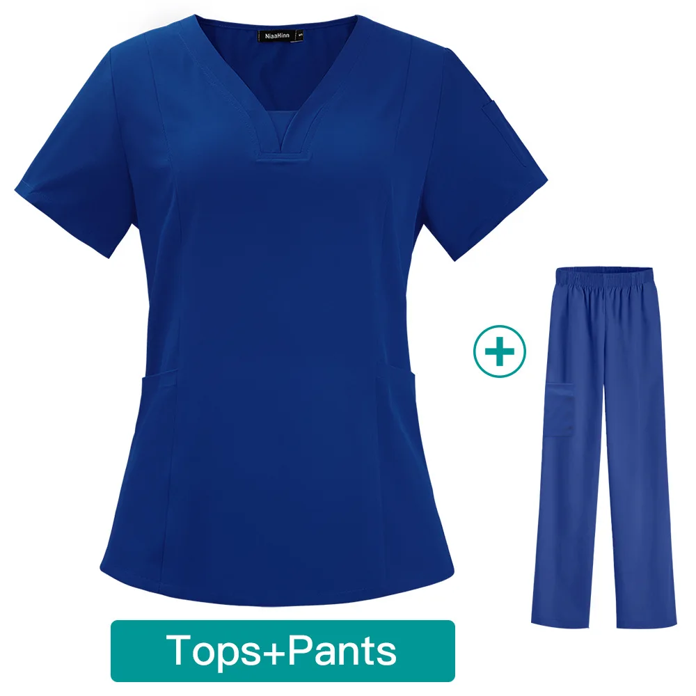Custom Logo Fashion Scrubs Medical Uniform Suit V Neck Solid Nursing Set Tops Women Medical Nurse Uniform Scrub Suit loose pants