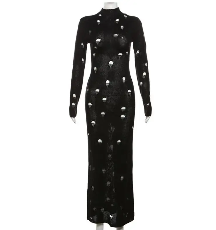 New Fashion STOCK 2Colors y2k Clothing Long Sleeve Casual Sexy Club Cut Out Crochet Knitted One Piece Dresses Women