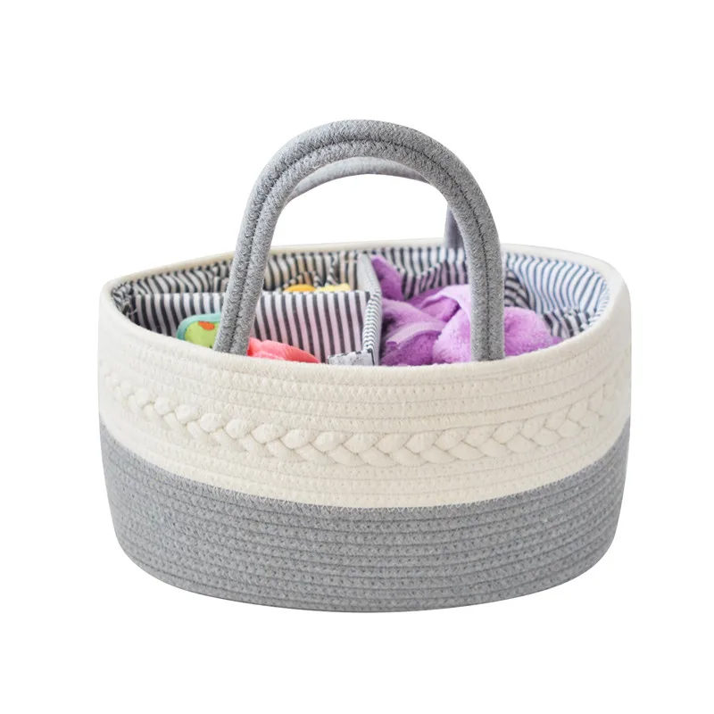 
Grey Color Baby Diaper Caddy Organizer Nursery Storage Basket Bag with Cotton Woven Handles 