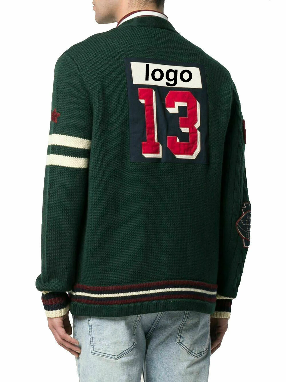 New Design Long Sleeve V-neck Logo Brand Knitted Cardigan Custom Chenille Patch Men Sweater