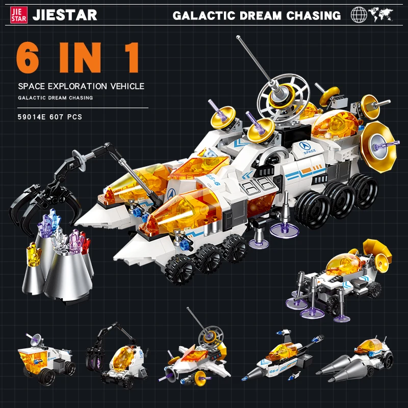 JIESTAR 607 pcs 6 in 1 lunar roving vehicle model building block kit children stem educational science toy kids diy space toy