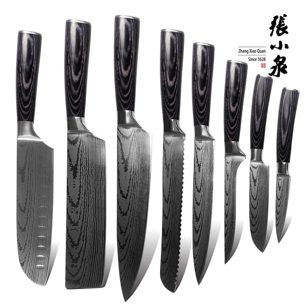 Wholesale price Japanese Stainless Steel  kitchen knives Laser Pattern knife set 8pcs Damascus Steel Knife set