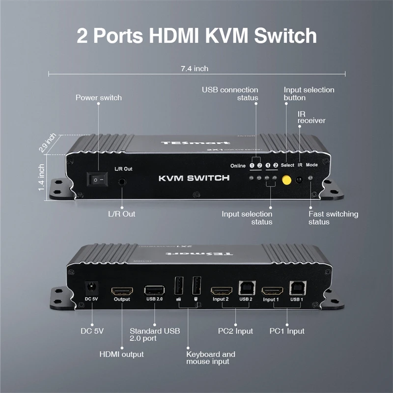 TESmart 2x1 HDMI KVM Switch 4K Auto Scan With EDID emulators support IR Remote Control 4K@60Hz 2 Port USB HDMI KVM Switch