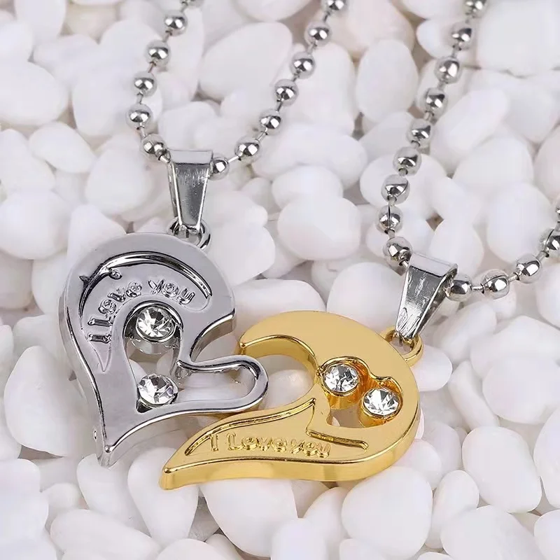 Hot Sale Couple Crystal Heart  Necklace 2pc Pair of Two Tone Heart Pendant Jewelry Necklace For Lovers