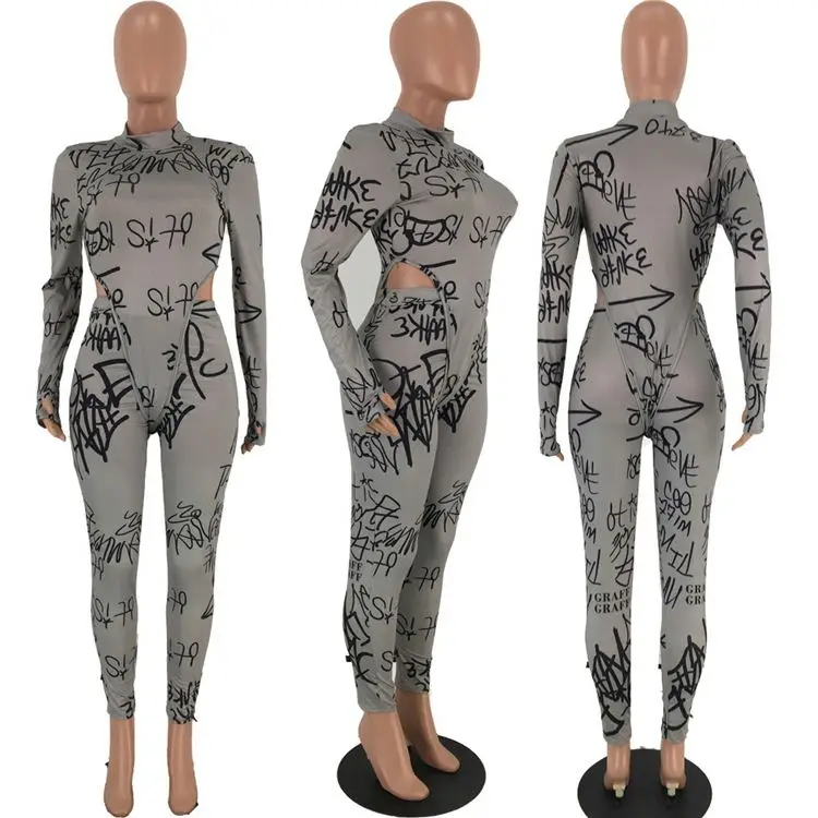 
11AF285 high quality letter print long sleeve bocysuit bodycon club two piece outfits set women clothing 