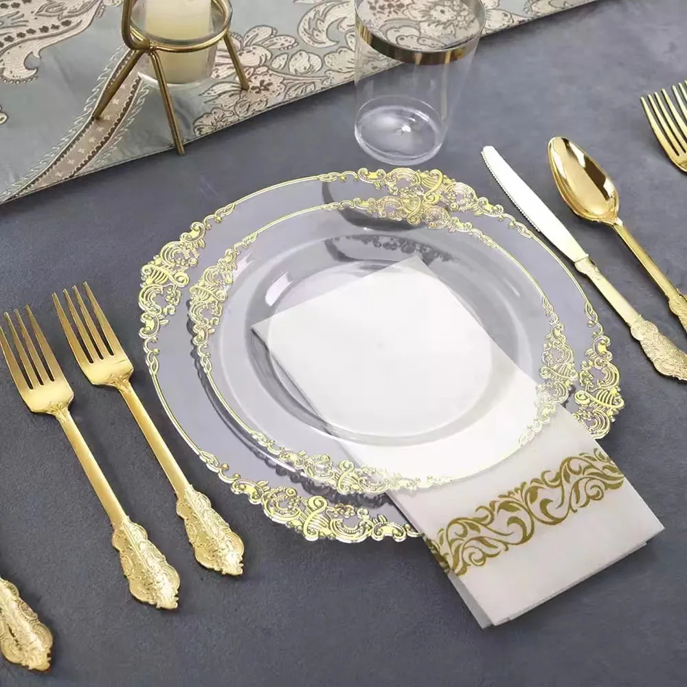 150pcs Clear Plastic Plates with Gold Rim Gold  Silverware Include Dinner Plates Dessert Plates Gold Cutlery Sets and Cups