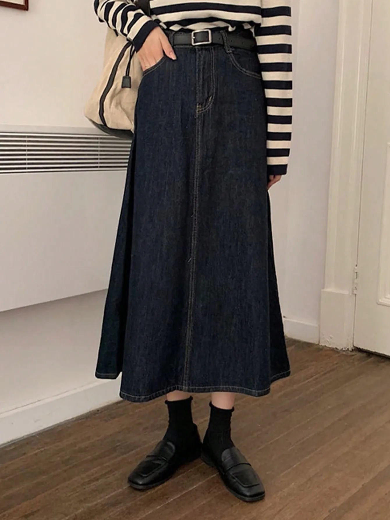 Free Sample Women Jeans Skirts Ladies Denim Blue All-Match Ulzzang Stylish Popular College Girls High Waist Denim Midi Skirt