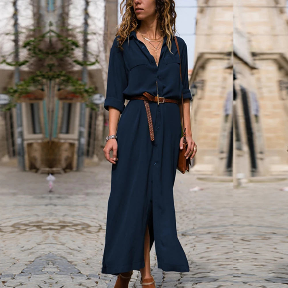 
Ankle Length Dress Fashion Long Sleeved Dresses Women Lady Elegant long skirt PU belt women spring office 