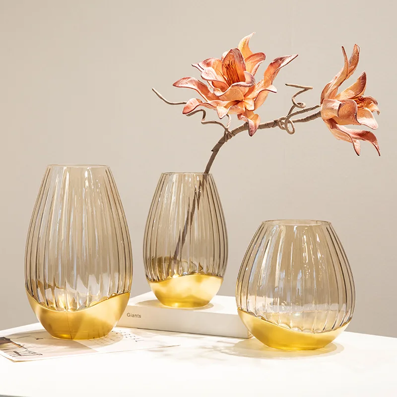 Simple striped bottom gold-plated vase ornaments creative home decoration flower vase desktop hydroponic near-temperature vase