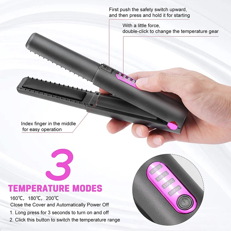 Fast Heating USB Mini Portable Ceramic Wireless Flat Iron Cordless Hair Straightener And Curler 2 in 1  With Type-C Charger