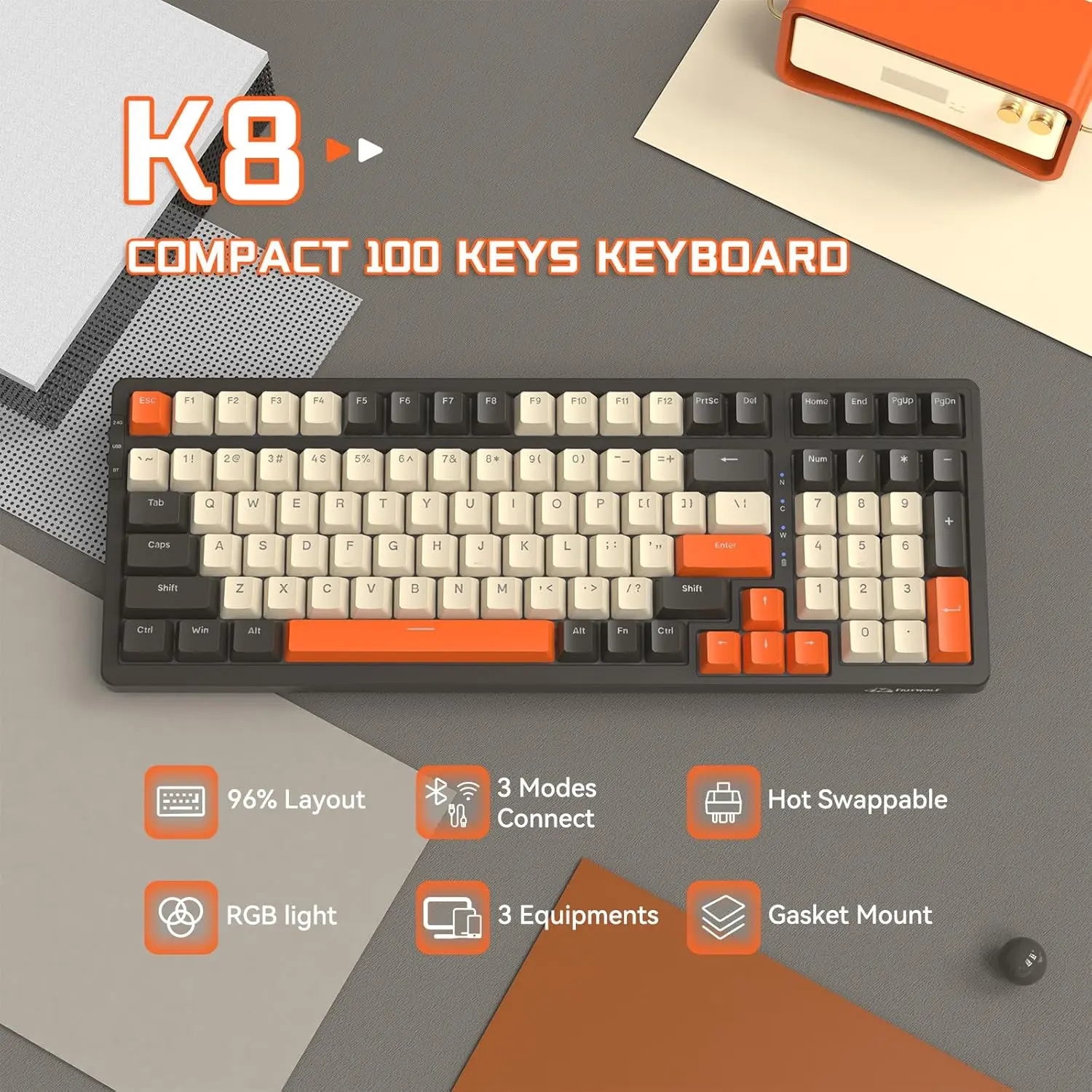 Free Wolf Wireless BT Dual Mode Mechanical Touch Keyboard Game Esports Office Silent PBT Ball Hat Keyboard