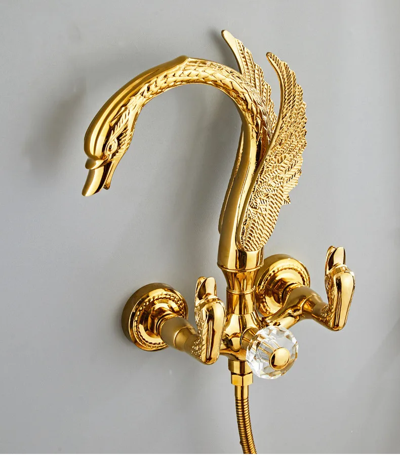 Brass Bathroom Shower Faucet Set Triple Function Golden Swan Shower System