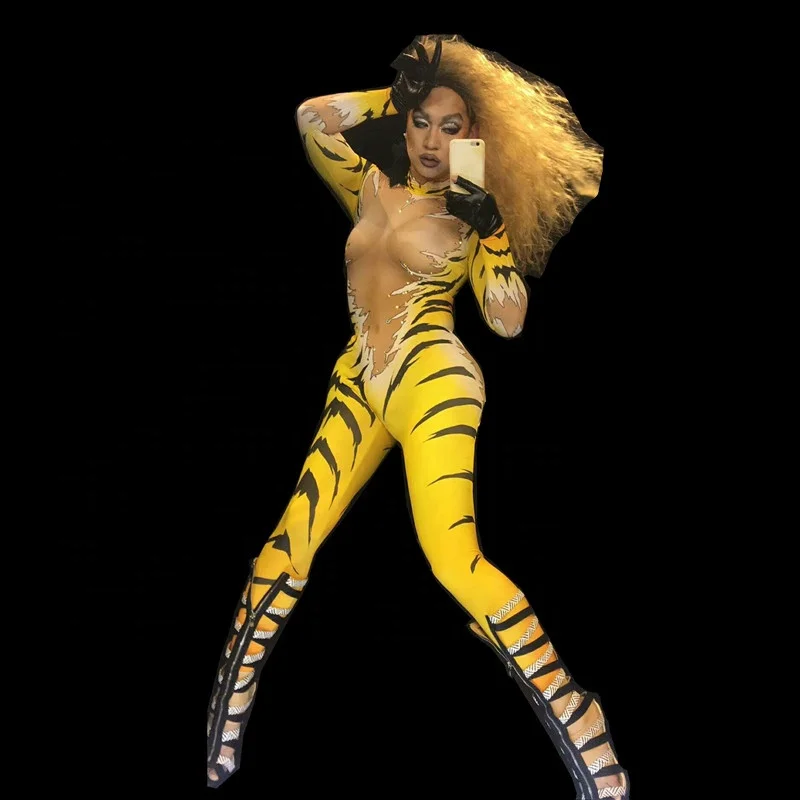 Designer Tiger Print Rhinestone Bodysuits Halloween Show Cosplay Costume Female Rompers Women Stage Performance Bodycon Jumpsuit