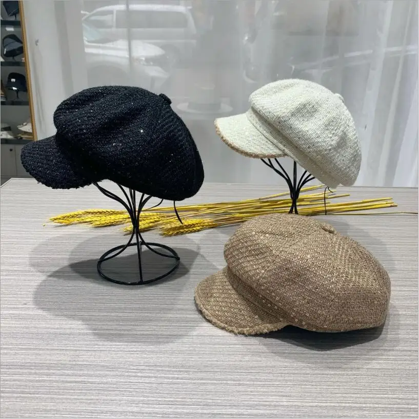 Sequins Baker Boy Hat for Women Girls 2021 Leather Black White Checker Baseball Cap Octagonal Hat Newsboy Houndstooth Winter Hat