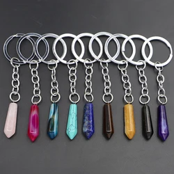 Natural Stone Hexagonal Column Keychain Stripe Agates Pendants Key Rings on Bag Car Jewelry Party Friends Gift