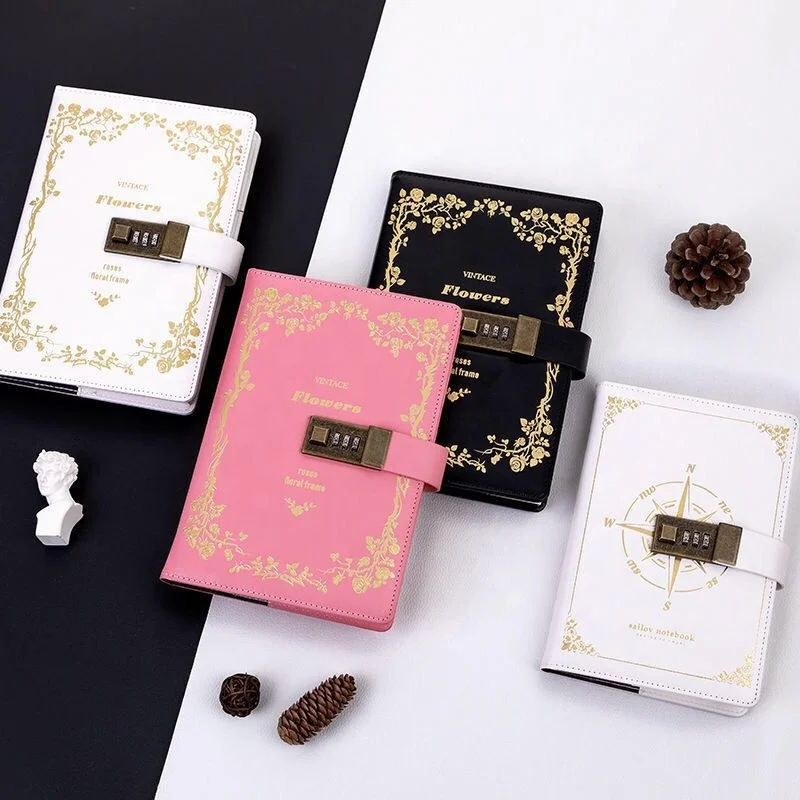 Factory directly sale A5 B6 PU Leather Notebook  Diary With Lock Digital Password for student