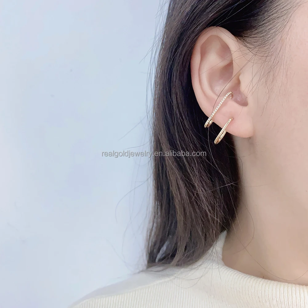 Unique Design Au585 14k Real Gold Geometric Shape Ear Stud Fine Jewelry Special Earring With Zircon Popular High Quality