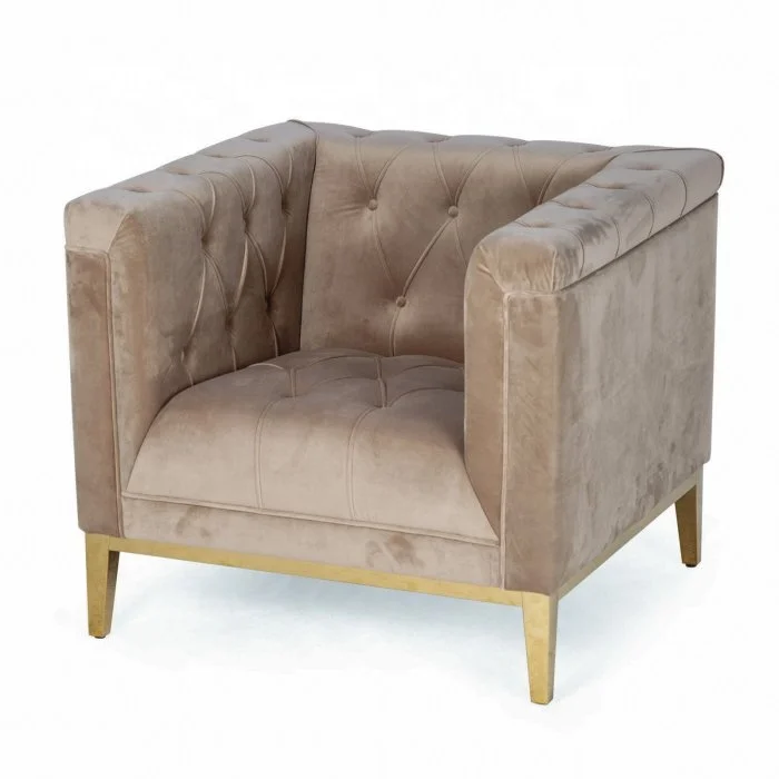 Living room deep tufted single seat couch light brown wood and gold leg velvet single seat sofa