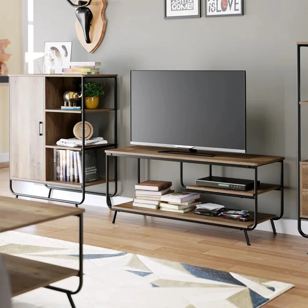 NBHY Industrial Wooden TV Cabinet Entertainment Center Media TV Console Stand with 3 Tiers Storage Shelves