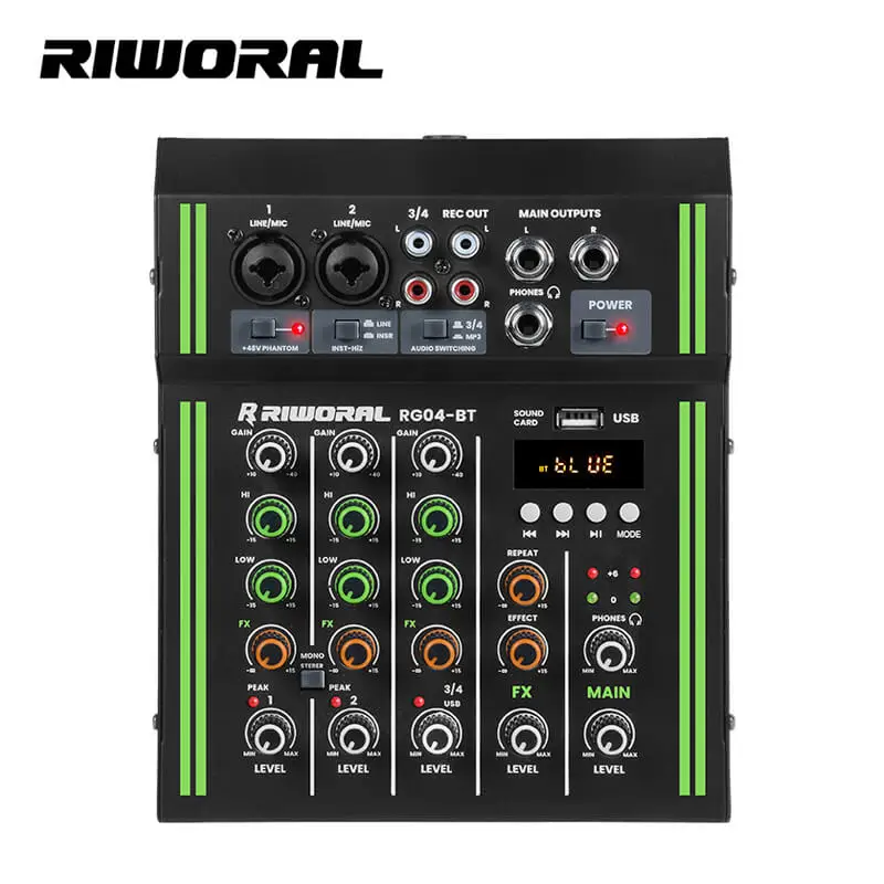 RG04-BT New Design Digital Interface Recording Mini Audio Mixer 4 Channel USB MP3 48V Phantom Power Mixer de Audio Profecional