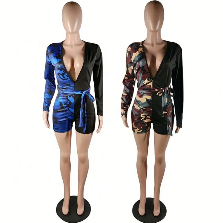 S504  new design deep V neck camouflage bodycon short Rompers Womens Casual Jumpsuit 2020