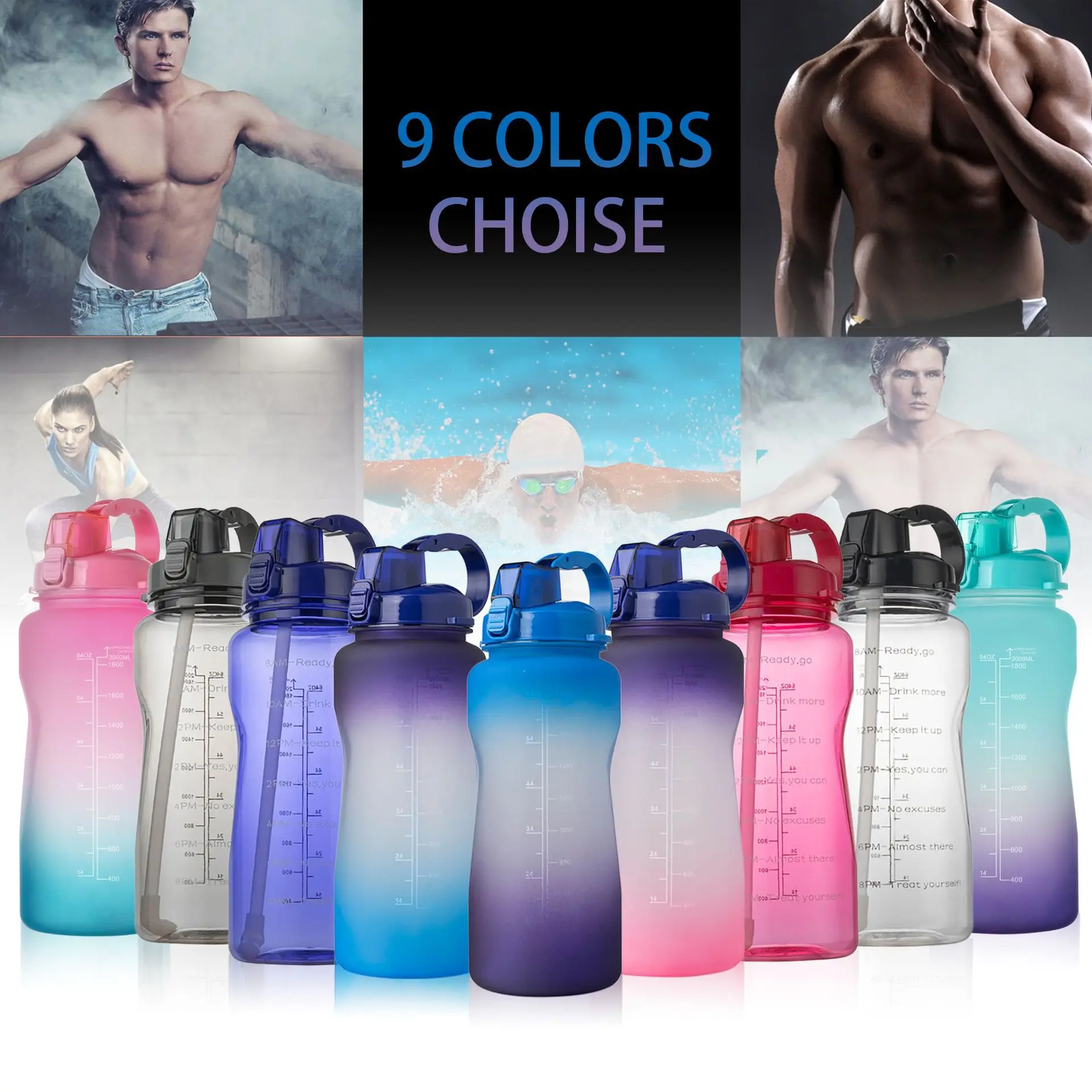 wholesale products 2000ml 64oz Tritan Hot Motivational Water Bottle with Handle & Removable Straw Water Jug with Time Marker