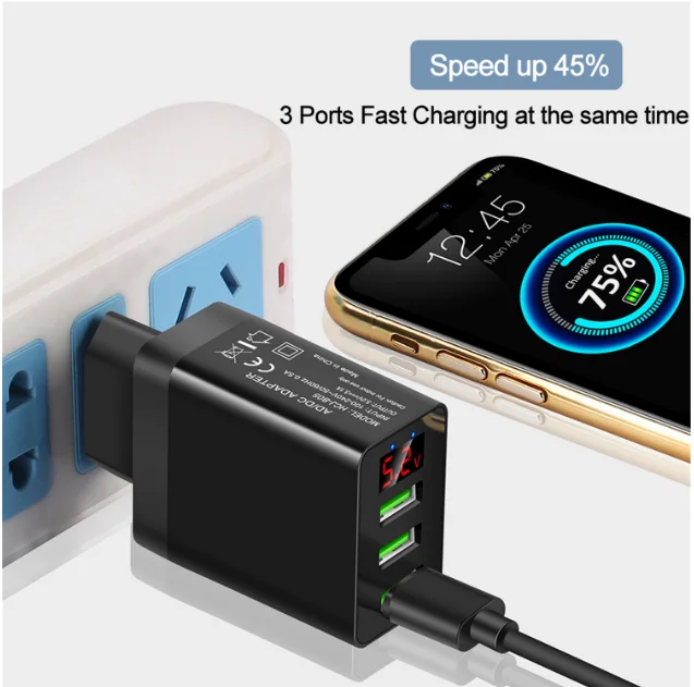 
EU US UK /AU Plug 18W QC3.0 3 USB Ports Mobile Phone Fast Travel Wall Charger 5V 3.4A with LED display 
