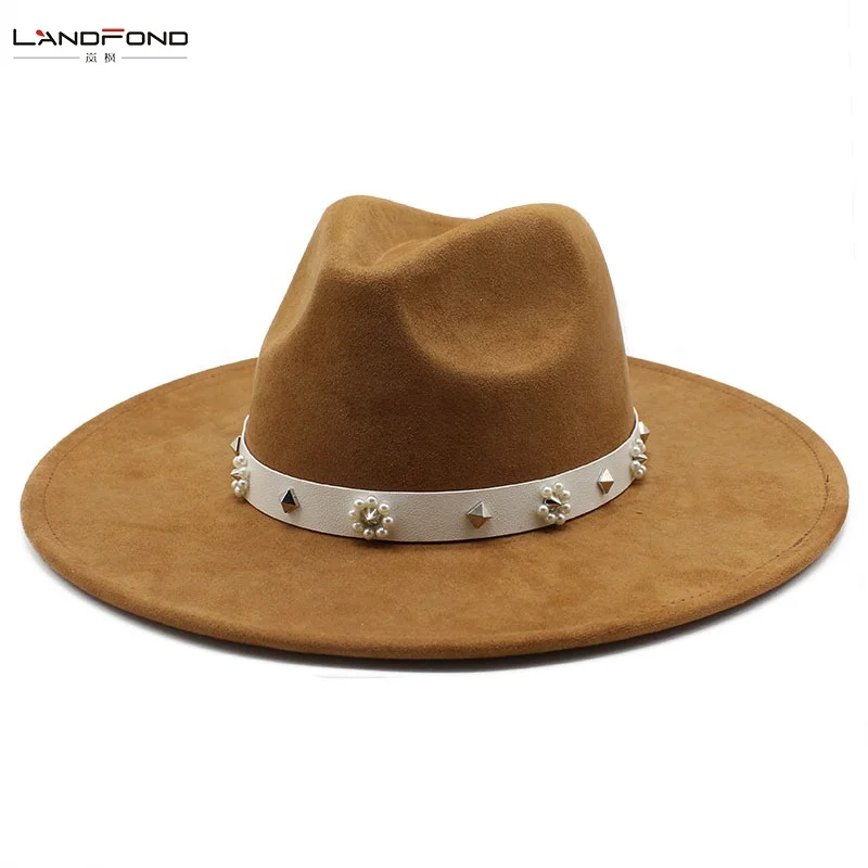 Landfond accessory Autumn winter Suede jazz hat with large brim Fedora Hat