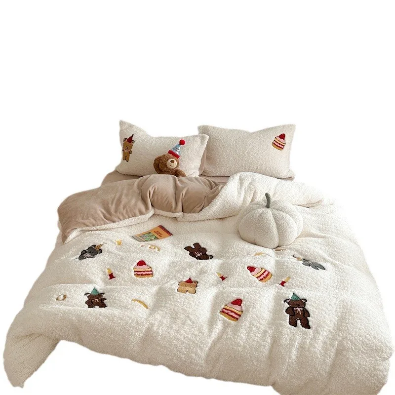 Fall and winter white plush printed lamb wool four-piece set fluffy bedding set for quilts bedding bedspreads