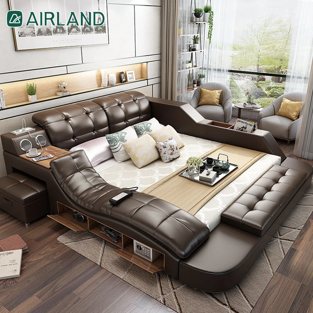 Modern Brown Bedroom Furniture Leather Bed with Speaker USB Charger Massage Sofa Bed Sets
