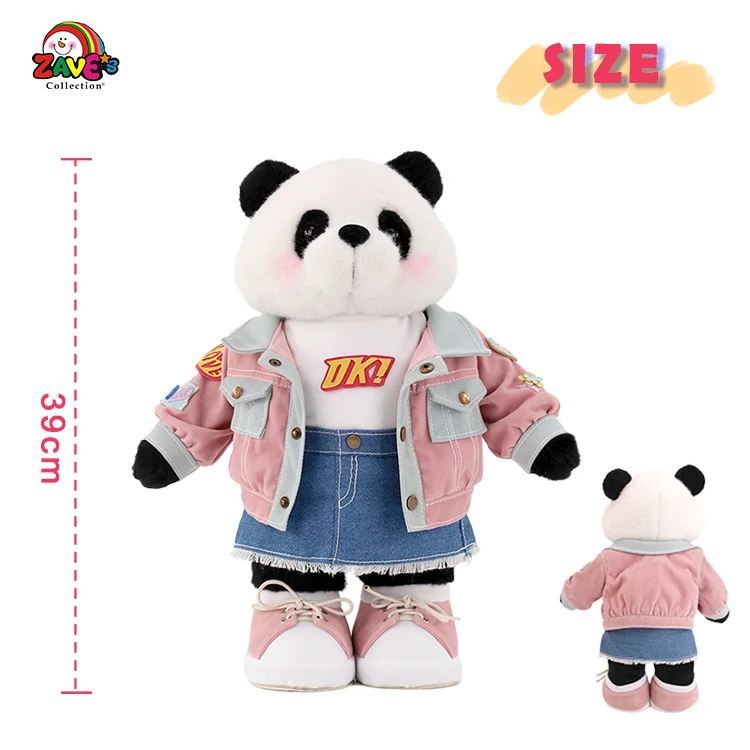 Zaves 15.5 Inch Standing Panda Plush Doll Pink Denim Dress Play Exhibit Black White Fabric Skin Friendly Novelty Gift