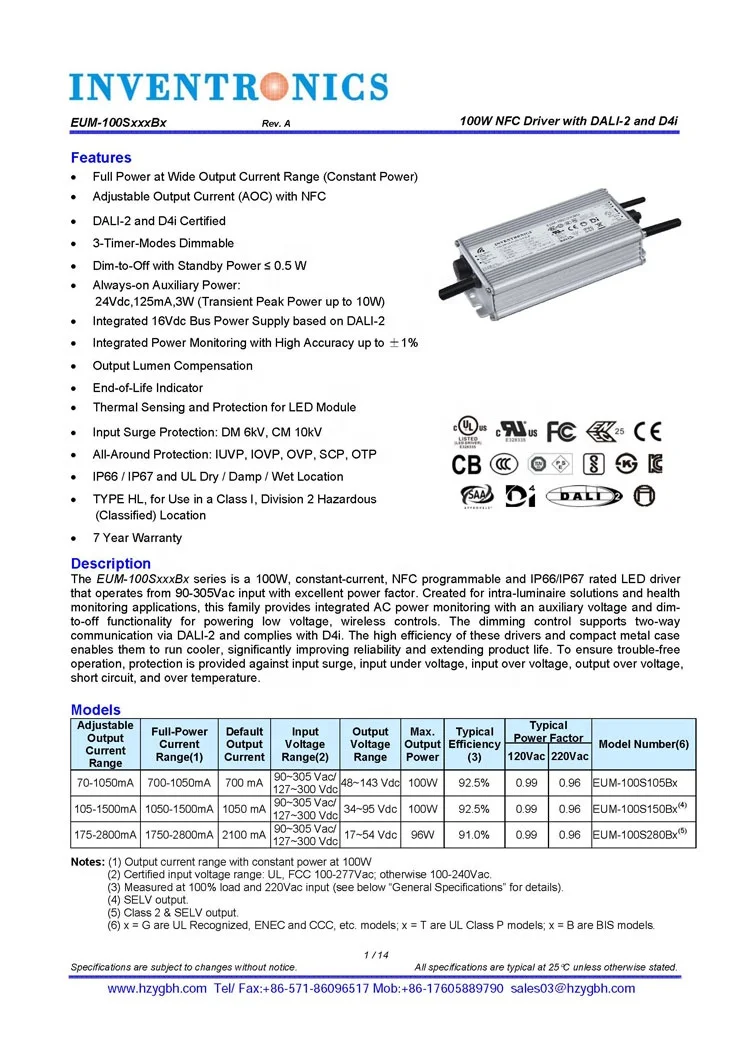  Inventronics EUM-100S105BG EUM-100S150BG 1050mA 100W 48V IP67 Dali Диммируемый светодиодный драйвер постоянного