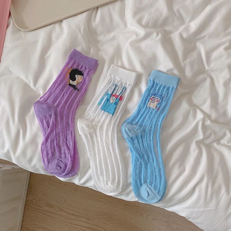 Wholesale Factory Crystal Glass Silk Sheer Women Manufacturers Girls Colorful Stripes Crew Socks