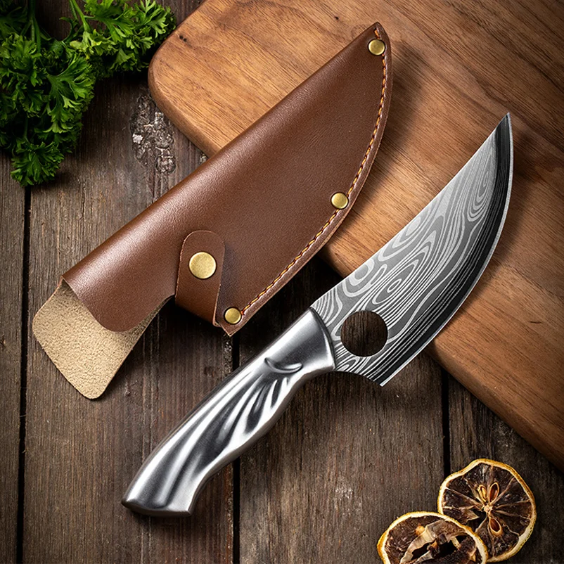 Damascus pattern stainless steel camping tactical meat fillet cleaver viking kitchen knife forging boning knife with Sheath