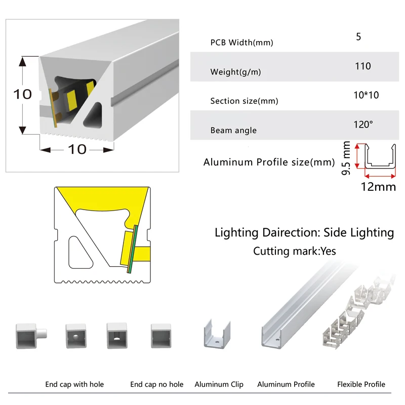 10*10mm Co-extruded Side-illuminated Neon Strip DC24V SMD 2835 120LEDs/m Flexible Silicone Waterproof Silicone Neon Light Strip
