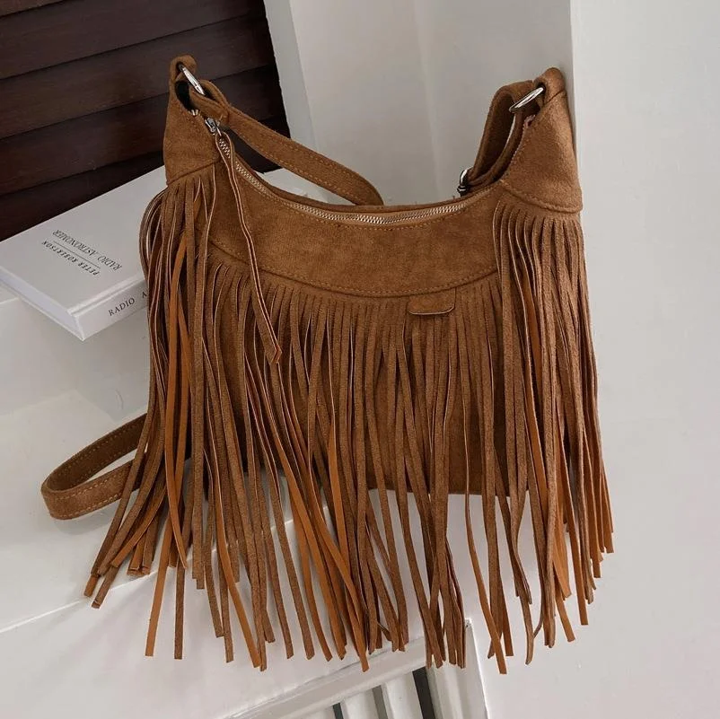 WB67 2024 trendy Bohemian Vintage Women Tassel Hobo Shoulder Bag Purses Trendy Suede Leather Fringed Crossbody Bags