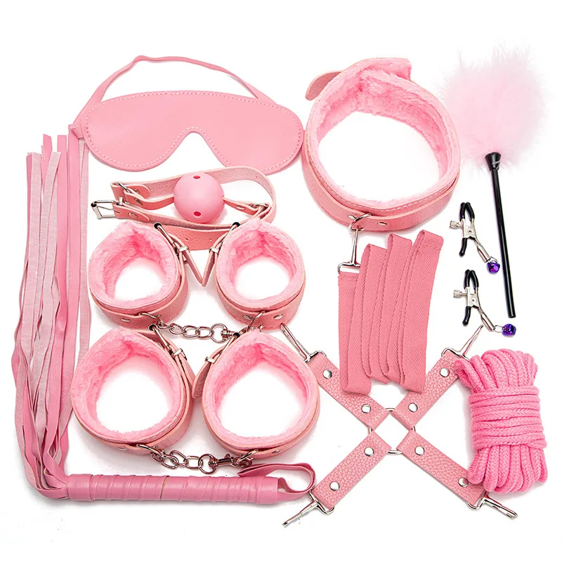 Bondage Set White Leather Handcuffs BDSM Bondage Kit Leather Whip BDSM Pu Bondage Gear