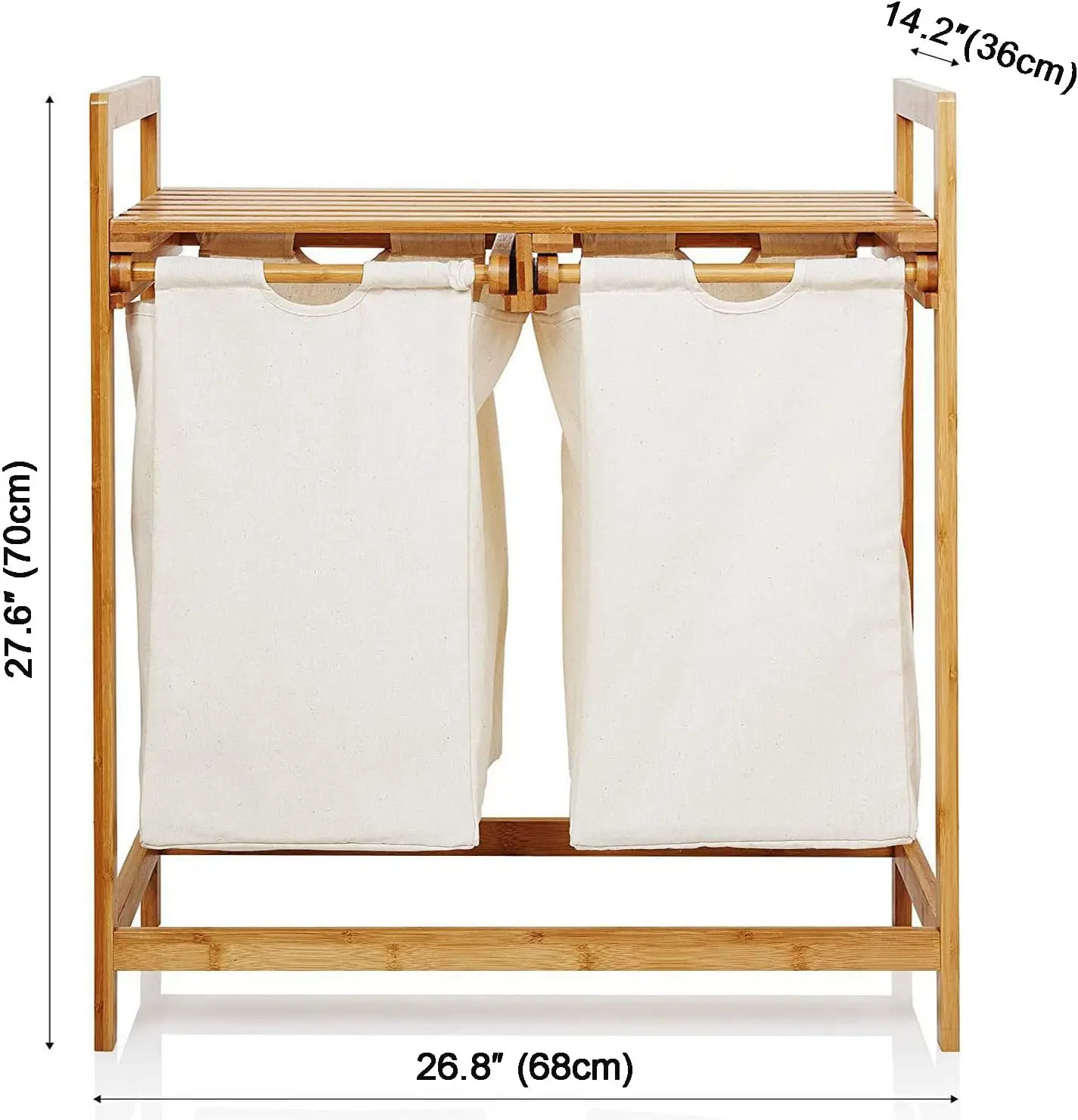 Portable Bamboo Laundry Hamper with Dual Compartments 2 section Laundry Basket with Removable Sliding Bags
