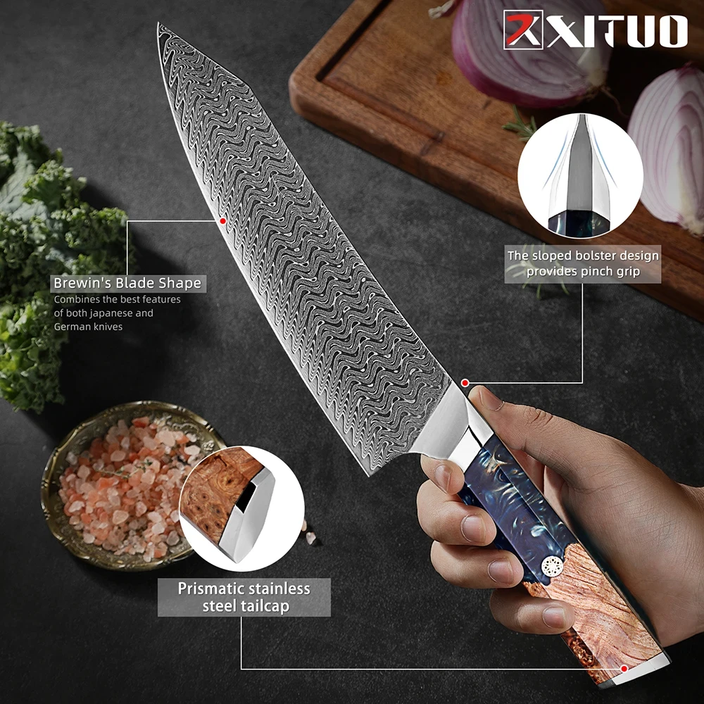 1-9 Pcs Damascus Knife Set Japanese Kitchen Knives VG10 Steel Core Ultra-Sharp Pro Chef Knife Set with Resin & Blue Wood Handles