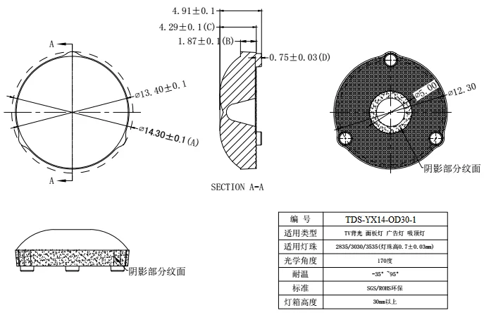 170 degree led panel back light lens for 2835 3030 led chip TDS-YX14-OD30-1