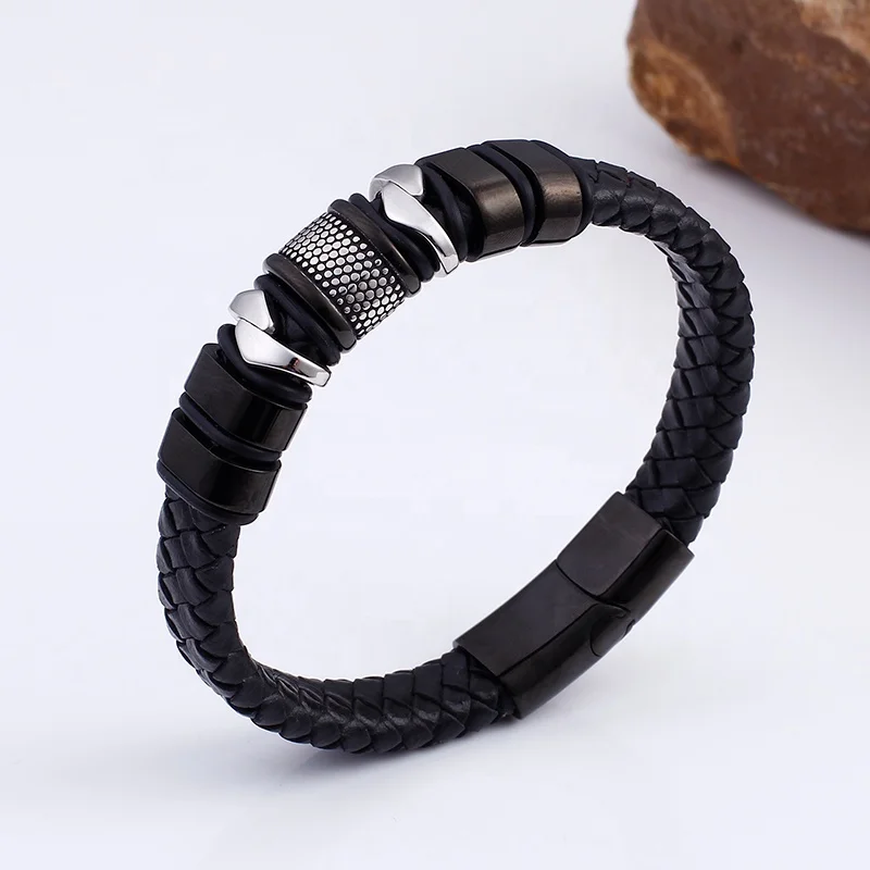 High Quality Black Magnetic Clasp Braided Leather Men Bracelet Stainless Steel Jewelry