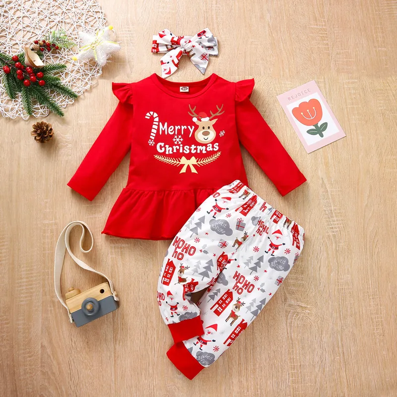 New RTS Cute Autumn Clothing Red Winter deer Cotton 2pcs Kids Long sleeve Baby Girls Christmas Shirt tops sweater Pants Sets
