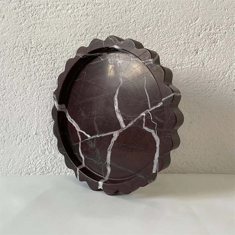 Hand Carved Rosso Levanto Marble Circular Scalloped Stone Tray And Jewelry Display Dish