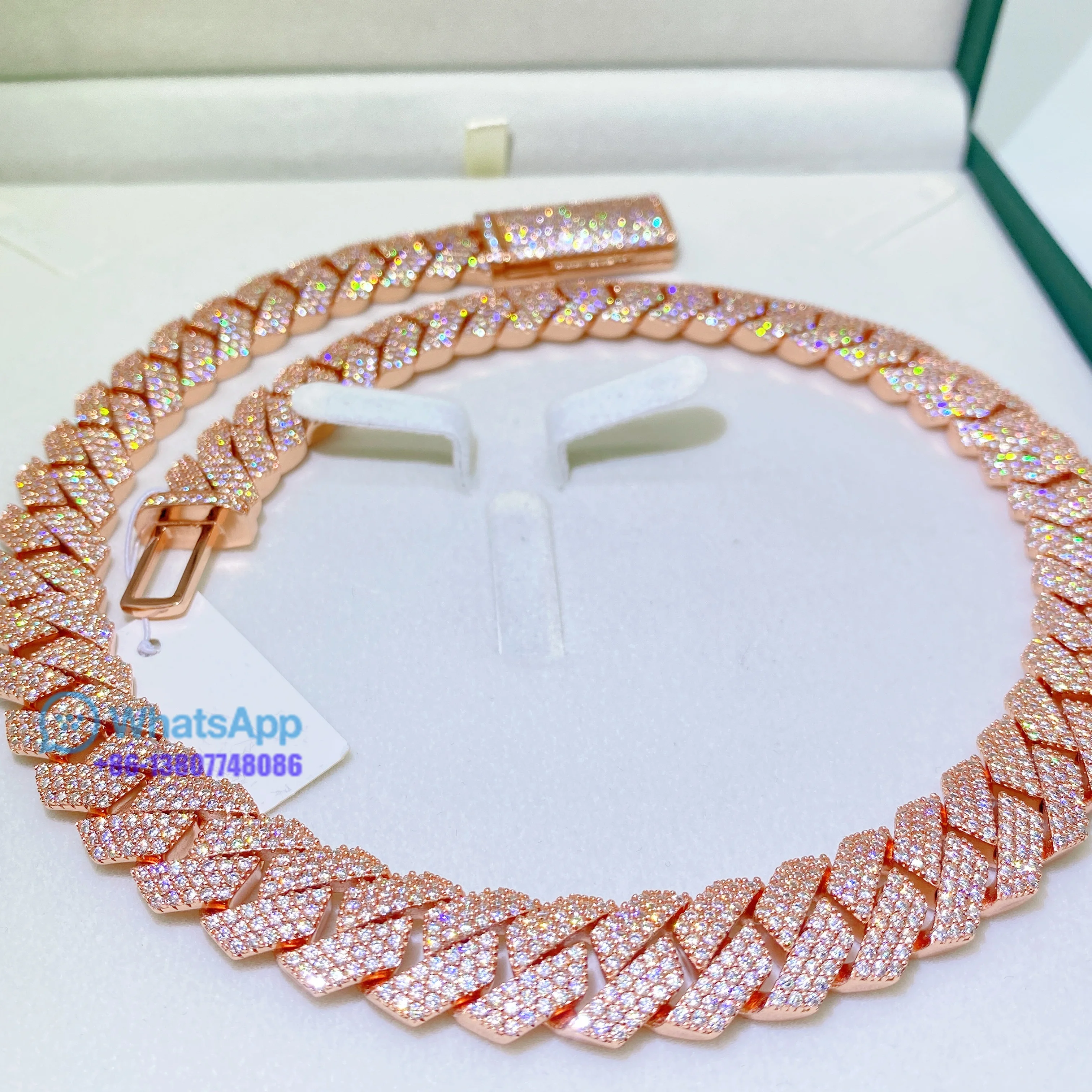 Hip Hop Jewelry ROSE Gold Plated Iced Out Cuban Link moissanite Prong Cuban Link Chain Necklace Diamond Cuban Chain