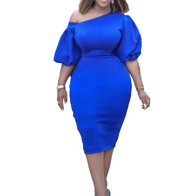 Wholesale Sloping Shoulder Solid Color Puff Sleeve OL Style Large Size Midi Dresses Women Elegant Casual