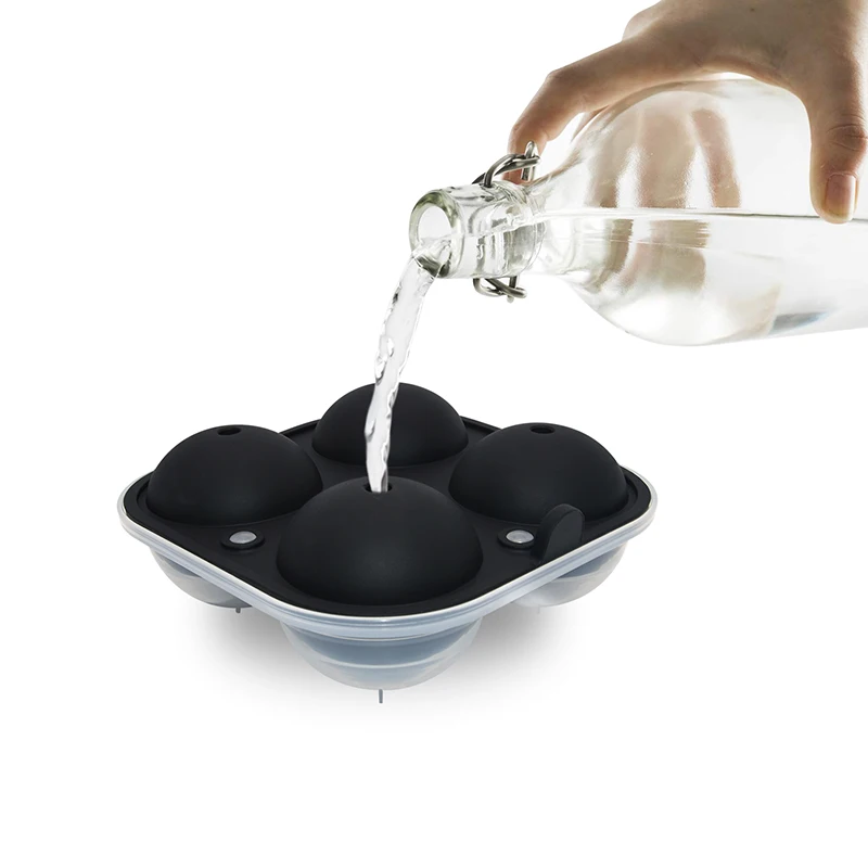 4 Cavity Sphere Ice Cube Maker BPA free Large Silicone Ice Ball Maker with Plastic Base