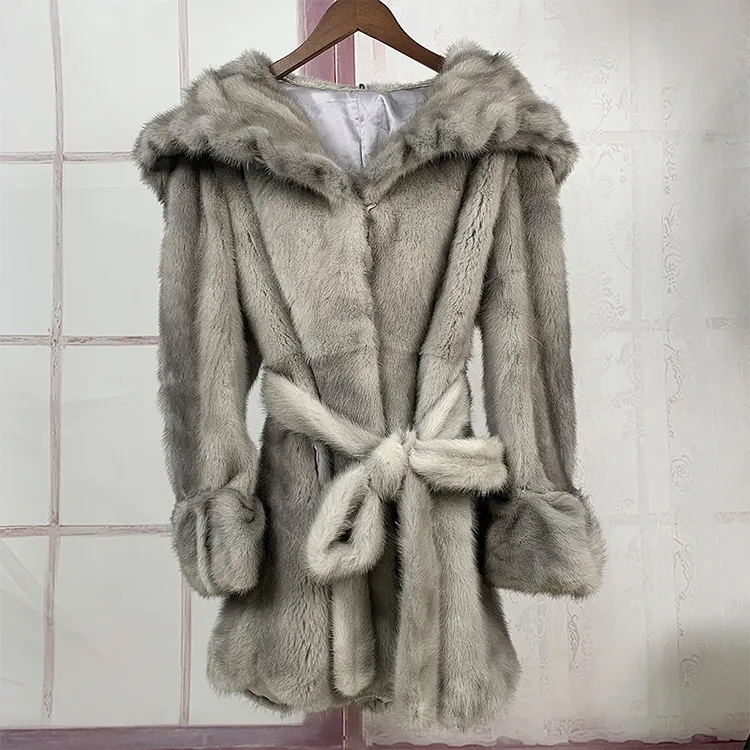 Women Big Hood Winter Real Mink Fur Coat Warm Soft Vintage Clothes Plus Size Scallop Hem Jacket Genuine Natural Fur Mink Coats