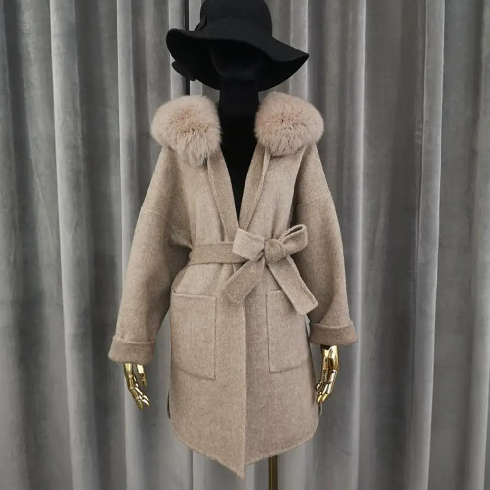 100% Cashmere Coat Women with Belt Real Fox Fur Trim Double Faced Wool Coat